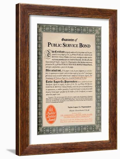 'Guarantee of Public Service Bond - Taylor-Logan Co. Papermakers advert', 1919-Unknown-Framed Giclee Print