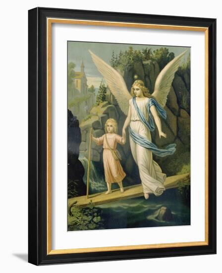 Guardian Angel Accompanying a Child over a Bridge, about 1900-null-Framed Giclee Print