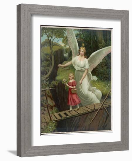 Guardian Angel Watches Over a Child as She Crosses a Dangerous Bridge-null-Framed Photographic Print