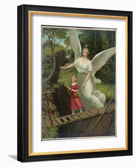 Guardian Angel Watches Over a Child as She Crosses a Dangerous Bridge-null-Framed Photographic Print