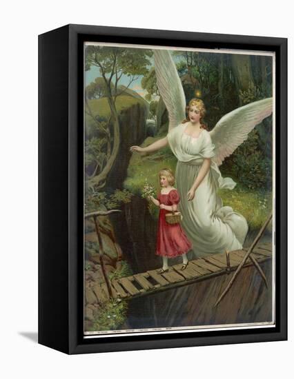 Guardian Angel Watches Over a Child as She Crosses a Dangerous Bridge-null-Framed Premier Image Canvas