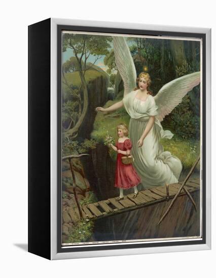 Guardian Angel Watches Over a Child as She Crosses a Dangerous Bridge-null-Framed Premier Image Canvas