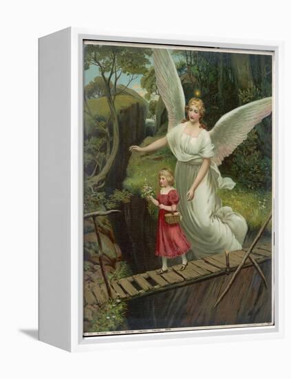 Guardian Angel Watches Over a Child as She Crosses a Dangerous Bridge-null-Framed Premier Image Canvas