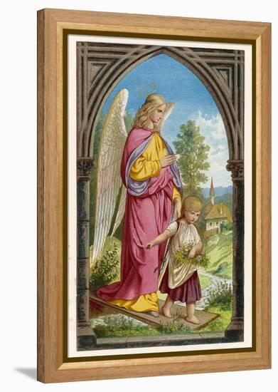 Guardian Angel Watches Over a Small Child as It Gathers Flowers in the German Countryside-null-Framed Premier Image Canvas