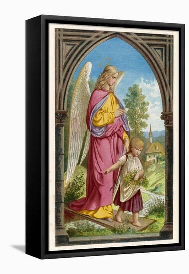 Guardian Angel Watches Over a Small Child as It Gathers Flowers in the German Countryside-null-Framed Premier Image Canvas