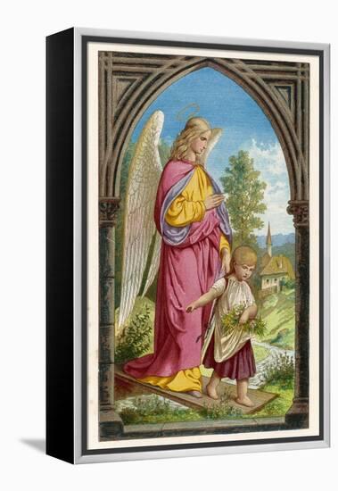 Guardian Angel Watches Over a Small Child as It Gathers Flowers in the German Countryside-null-Framed Premier Image Canvas