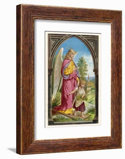 Guardian Angel Watches Over a Small Child as It Gathers Flowers in the German Countryside-null-Framed Photographic Print