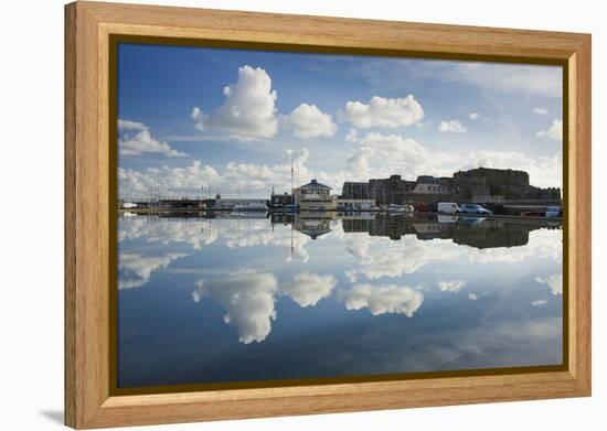 Guernsey Yacht Club and Castle Cornet in the Still Reflections of a Model Boat Pond, St Peter Port-David Clapp-Framed Premier Image Canvas