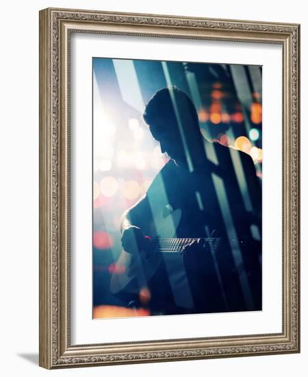 Guitarist Playing Acoustic Guitar. Unplugged Performance in the Dark. Used Double Exposure Techniqu-donatas1205-Framed Photographic Print