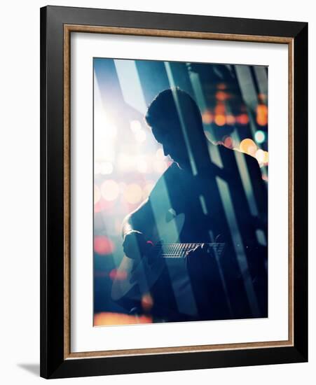 Guitarist Playing Acoustic Guitar. Unplugged Performance in the Dark. Used Double Exposure Techniqu-donatas1205-Framed Photographic Print