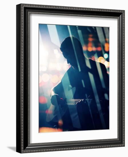 Guitarist Playing Acoustic Guitar. Unplugged Performance in the Dark. Used Double Exposure Techniqu-donatas1205-Framed Photographic Print