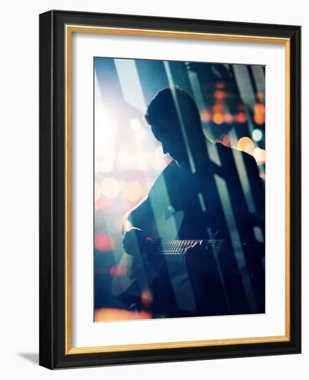 Guitarist Playing Acoustic Guitar. Unplugged Performance in the Dark. Used Double Exposure Techniqu-donatas1205-Framed Photographic Print