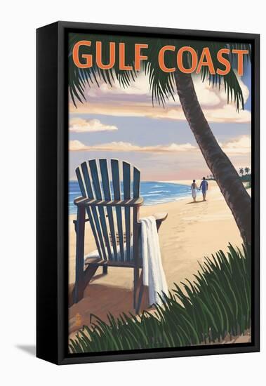Gulf Coast - Adirondack Chairs and Sunset-Lantern Press-Framed Stretched Canvas