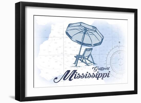 Gulfport, Mississippi - Beach Chair and Umbrella - Blue - Coastal Icon-Lantern Press-Framed Art Print