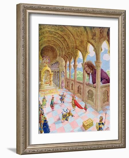 Gulliver at Lilliput, Illustration from a French Edition of "Gulliver's Travels," circa 1900-Pseudonym For Onfray De Breville Job-Framed Giclee Print