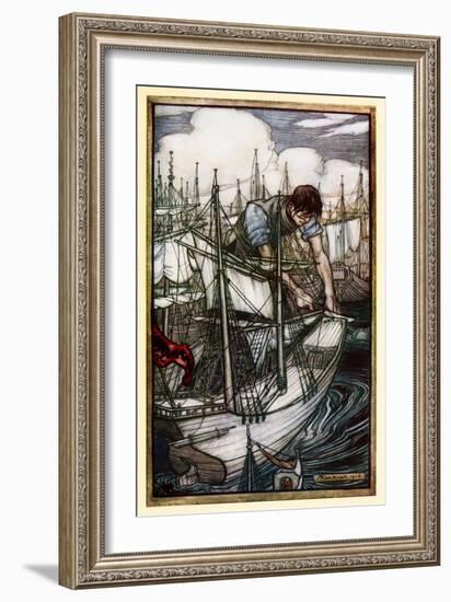 Gulliver Seizes the Enemy's Fleet' from 'Part I: A Voyage to Lilliput' in 'Gulliver's Travels' by J-Arthur Rackham-Framed Giclee Print