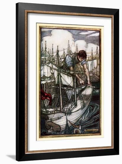 Gulliver Seizes the Enemy's Fleet' from 'Part I: A Voyage to Lilliput' in 'Gulliver's Travels' by J-Arthur Rackham-Framed Giclee Print