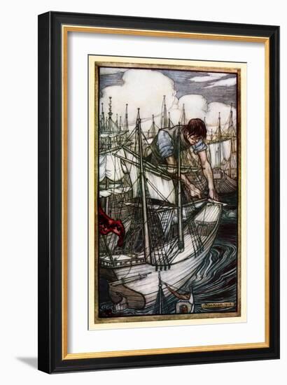 Gulliver Seizes the Enemy's Fleet' from 'Part I: A Voyage to Lilliput' in 'Gulliver's Travels' by J-Arthur Rackham-Framed Giclee Print