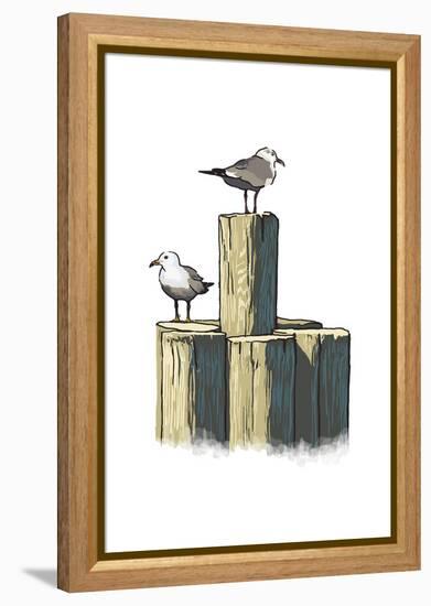 Gulls on Pilings - Icon-Lantern Press-Framed Stretched Canvas