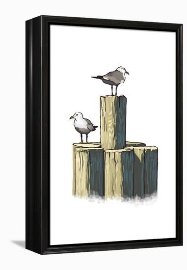 Gulls on Pilings - Icon-Lantern Press-Framed Stretched Canvas