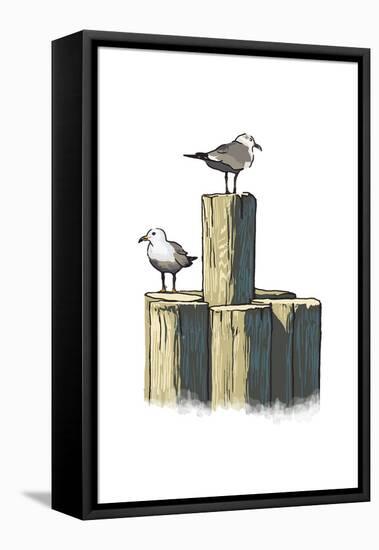 Gulls on Pilings - Icon-Lantern Press-Framed Stretched Canvas