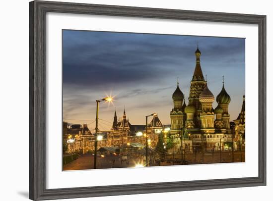 Gum Department Store and Onion Domes of St. Basil's Cathedral in Red Square Illuminated at Night-Martin Child-Framed Photographic Print
