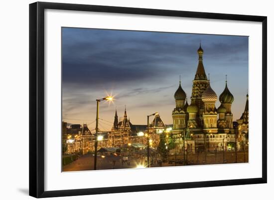 Gum Department Store and Onion Domes of St. Basil's Cathedral in Red Square Illuminated at Night-Martin Child-Framed Photographic Print