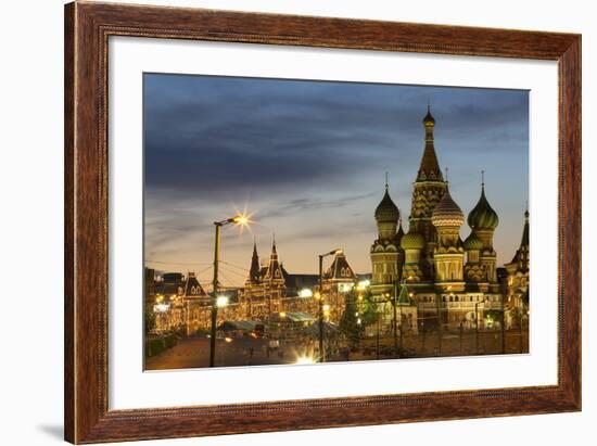 Gum Department Store and Onion Domes of St. Basil's Cathedral in Red Square Illuminated at Night-Martin Child-Framed Photographic Print