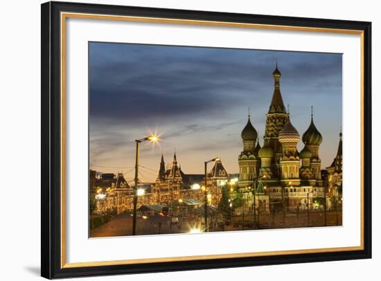 Gum Department Store and Onion Domes of St. Basil's Cathedral in Red Square Illuminated at Night-Martin Child-Framed Photographic Print