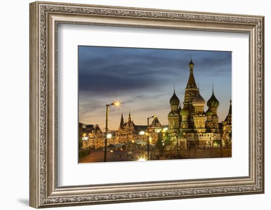 Gum Department Store and Onion Domes of St. Basil's Cathedral in Red Square Illuminated at Night-Martin Child-Framed Photographic Print