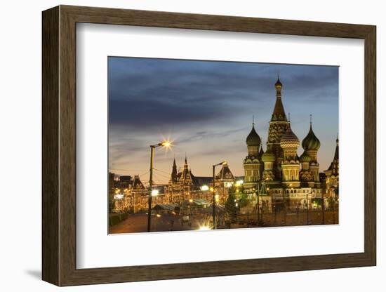 Gum Department Store and Onion Domes of St. Basil's Cathedral in Red Square Illuminated at Night-Martin Child-Framed Photographic Print