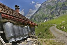 Swiss dairy farm with drying milk cans against Swiss Alps in background-Guy Midkiff-Photographic Print