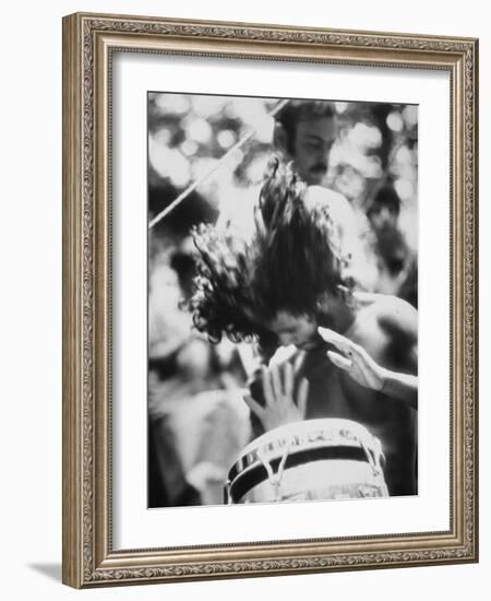 Guy Playing Drums at Woodstock Music Festival-null-Framed Photographic Print