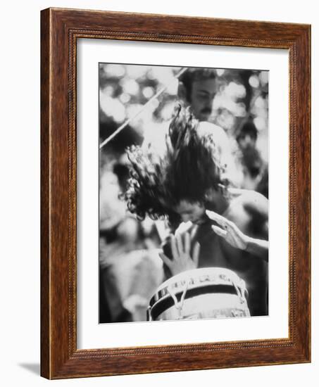 Guy Playing Drums at Woodstock Music Festival-null-Framed Photographic Print