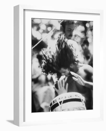 Guy Playing Drums at Woodstock Music Festival-null-Framed Photographic Print