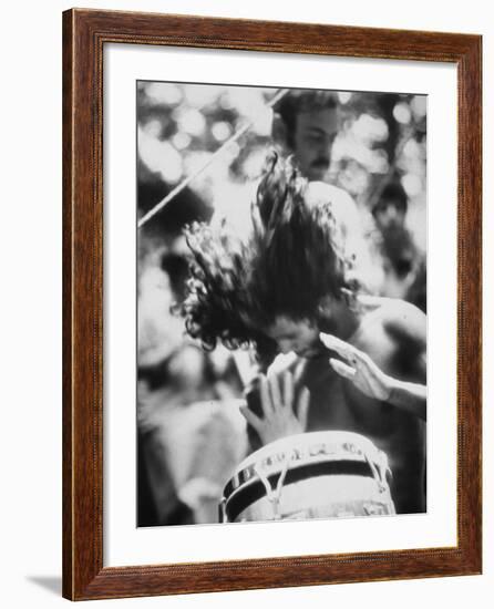 Guy Playing Drums at Woodstock Music Festival-null-Framed Photographic Print