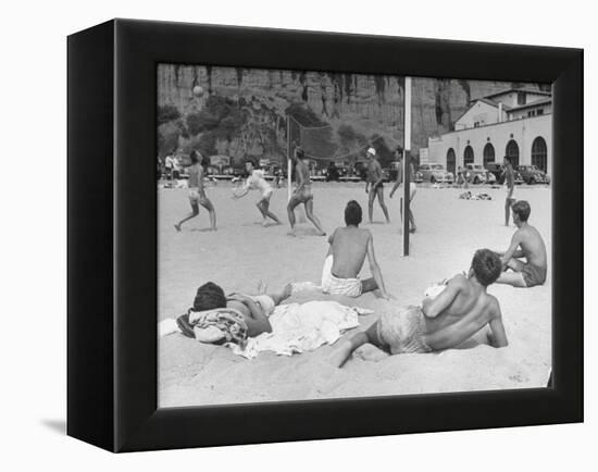 Guys Playing Volleyball on the Beach-null-Framed Premier Image Canvas