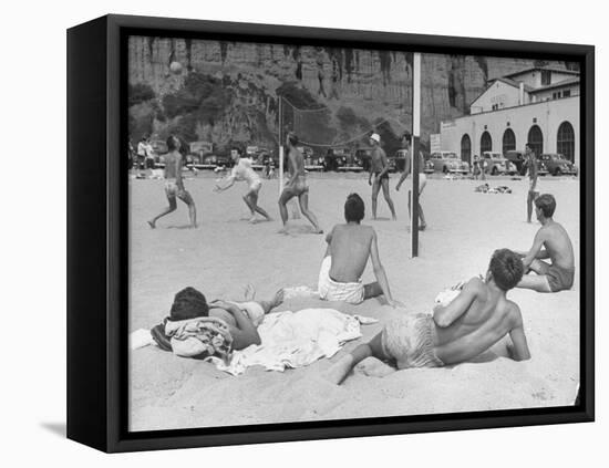 Guys Playing Volleyball on the Beach-null-Framed Premier Image Canvas