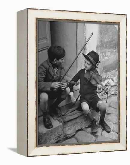 Gypsy Children Playing Violin in Street-William Vandivert-Framed Premier Image Canvas