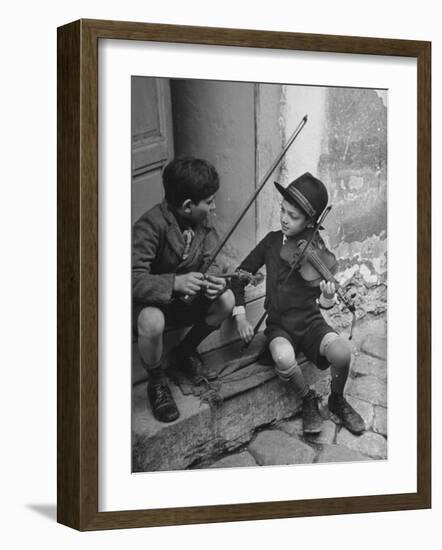 Gypsy Children Playing Violin in Street-William Vandivert-Framed Photographic Print