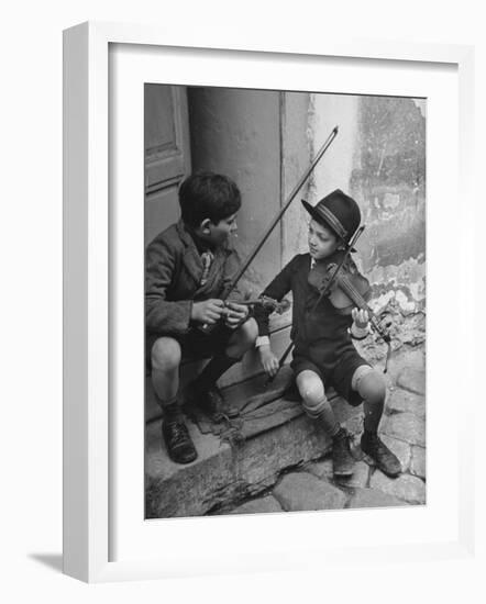 Gypsy Children Playing Violin in Street-William Vandivert-Framed Photographic Print