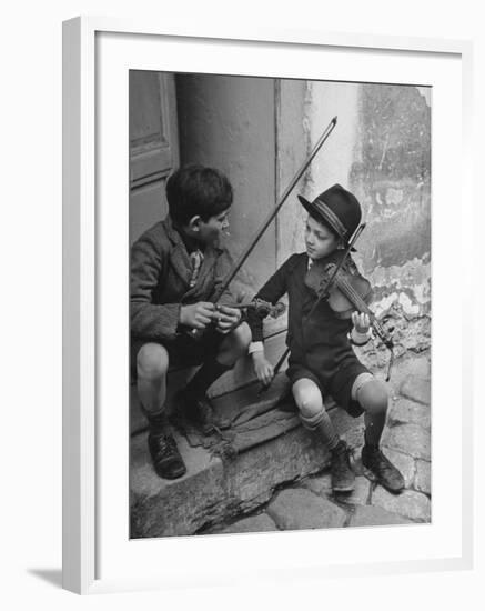 Gypsy Children Playing Violin in Street-William Vandivert-Framed Photographic Print