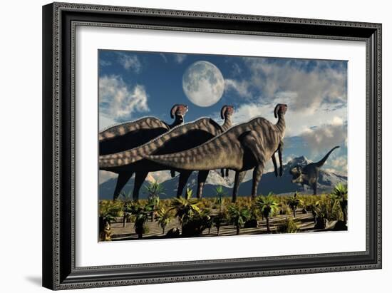 Hadrosaurid Duckbill Dinosaurs Use Soundwaves to Defend a Tyrannosaurus Rex-null-Framed Art Print