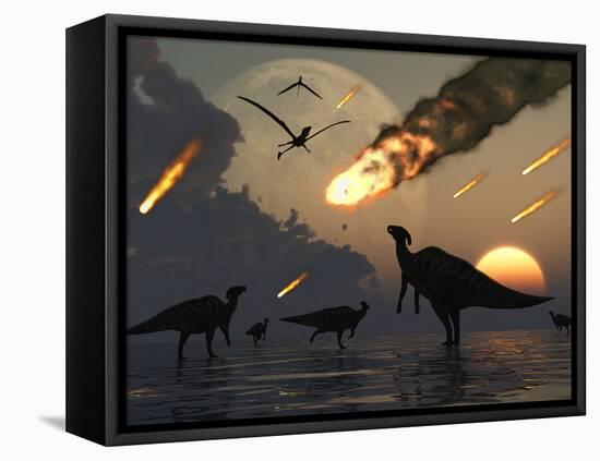 Hadrosaurs Graze Peacefully as Burning Meteors Fall Through the Sky-Stocktrek Images-Framed Premier Image Canvas