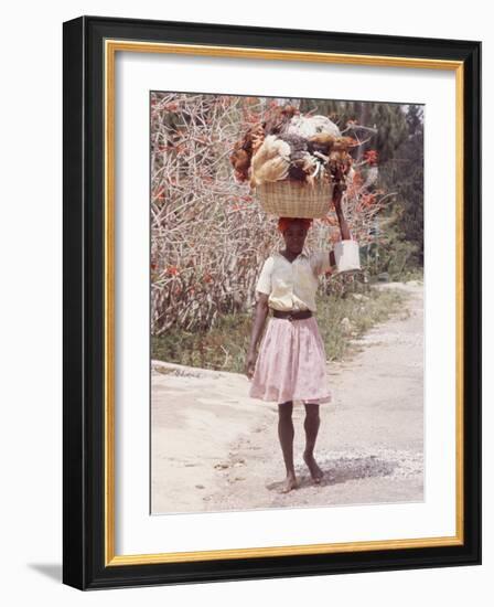 Haitian Woman Carrying Large Basket with Her Market Shopping on Her Head-Lynn Pelham-Framed Photographic Print