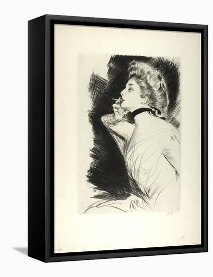 Half-Length Portrait of a Seated Woman, Smoking a Cigarette, Facing Left, C.1900-Paul Cesar Helleu-Framed Premier Image Canvas