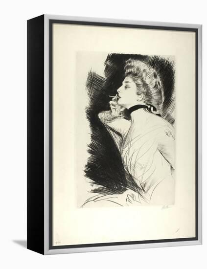 Half-Length Portrait of a Seated Woman, Smoking a Cigarette, Facing Left, C.1900-Paul Cesar Helleu-Framed Premier Image Canvas