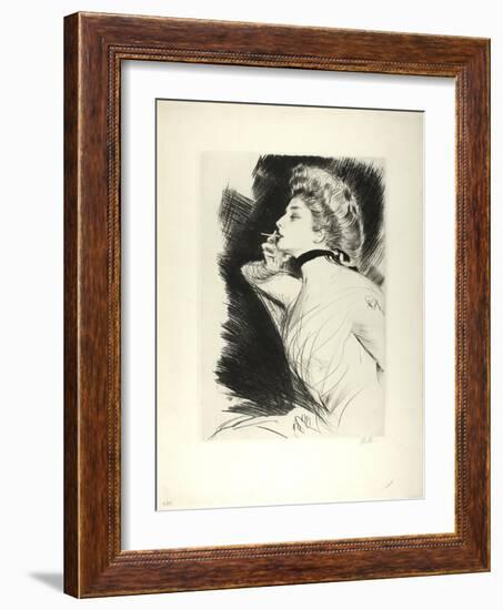 Half-Length Portrait of a Seated Woman, Smoking a Cigarette, Facing Left, C.1900-Paul Cesar Helleu-Framed Giclee Print