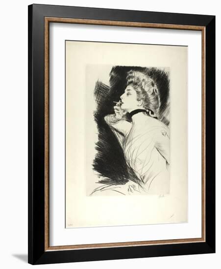 Half-Length Portrait of a Seated Woman, Smoking a Cigarette, Facing Left, C.1900-Paul Cesar Helleu-Framed Giclee Print