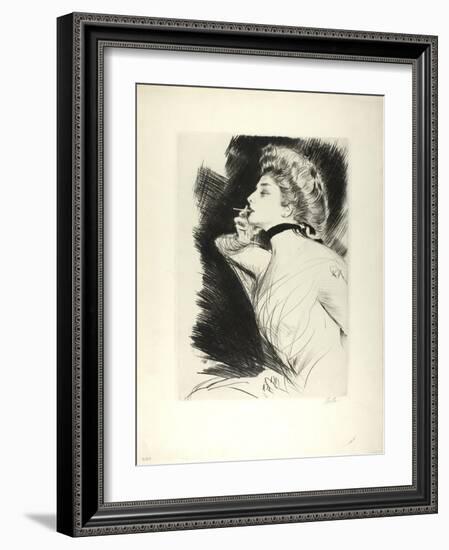 Half-Length Portrait of a Seated Woman, Smoking a Cigarette, Facing Left, C.1900-Paul Cesar Helleu-Framed Giclee Print